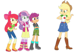 Size: 4000x2796 | Tagged: safe, artist:gmaplay, derpibooru import, apple bloom, applejack, scootaloo, sweetie belle, better together, equestria girls, happily ever after party, happily ever after party: applejack, belt, boots, clothes, cowboy boots, cowboy hat, hat, hoodie, jeans, pants, shoes, simple background, skirt, transparent background