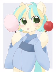 Size: 1594x2048 | Tagged: safe, artist:ginmaruxx, derpibooru import, oc, oc only, pony, unicorn, anime, anime style, bipedal, bust, candy, clothes, commission, cotton candy, cute, eyebrows, eyebrows visible through hair, female, food, holding, horn, kimono (clothing), lollipop, looking at you, mare, solo, tongue, tongue out, unicorn oc