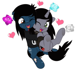 Size: 5370x5000 | Tagged: safe, artist:jhayarr23, derpibooru import, earth pony, pony, undead, unicorn, zombie, bone, bring me the horizon, clothes, commission, disguise, disguised siren, dock, duo, duo male, fangs, from behind, gay, happy, horn, hug, jewelry, kellin quinn, long sleeves, male, necklace, oliver sykes, one eye closed, open mouth, ponified, scar, shipping, shirt, simple background, sleeping with sirens, t-shirt, tail, tattoo, torn ear, transparent background, underhoof, ych result