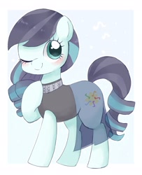 Size: 1659x2048 | Tagged: safe, artist:ginmaruxx, derpibooru import, coloratura, earth pony, pony, blushing, clothes, female, hoof on chest, looking at you, mare, one eye closed, partial background, raised hoof, raised leg, simple background, smiling, smiling at you, solo, wink, winking at you