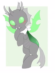 Size: 1544x2048 | Tagged: safe, artist:ginmaruxx, derpibooru import, oc, oc only, changeling, pony, blushing, changeling oc, flying, green changeling, partial background, simple background, solo