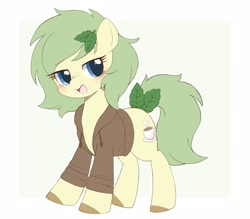 Size: 2048x1797 | Tagged: safe, artist:ginmaruxx, derpibooru import, oc, oc only, earth pony, pony, clothes, earth pony oc, female, freckles, hoodie, leaf, looking at you, mare, open mouth, partial background, simple background, solo