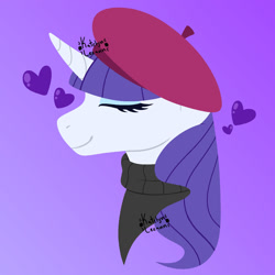 Size: 1280x1280 | Tagged: safe, artist:katelynleeann42, derpibooru import, rarity, pony, beatnik rarity, beret, bust, clothes, februpony, hat, portrait, purple background, simple background, solo, sweater