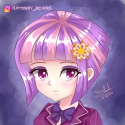 Size: 1080x1080 | Tagged: safe, artist:fluttershy_art.nurul, derpibooru import, sunny flare, equestria girls, anime style, eye clipping through hair, eyebrows, eyebrows visible through hair, eyeshadow, female, frown, looking at you, makeup, solo