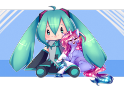 Size: 4770x3348 | Tagged: safe, artist:honeybbear, derpibooru import, oc, oc only, pony, unicorn, hatsune miku, plushie, smiling, solo, vocaloid