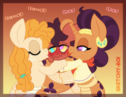 Size: 4000x3100 | Tagged: safe, artist:snakeythingy, derpibooru import, pear butter, saffron masala, oc, oc:sketchy dupe, lamia, original species, snake, snake pony, blushing, coiling, coils, hypnosis, kissing, lamiafied, licking, species swap, tongue, tongue out