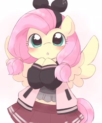 Size: 1698x2048 | Tagged: safe, artist:ginmaruxx, derpibooru import, fluttershy, pegasus, pony, bipedal, blushing, bust, clothes, cute, female, looking at you, mare, o.o, shyabetes, skirt, solo, spread wings, wings