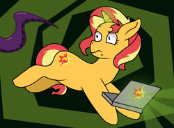 Size: 770x568 | Tagged: safe, artist:str8aura-draws-horses-and-stuff, derpibooru import, sunset shimmer, computer, jumping, laptop computer, multiverse, shocked, shocked expression, tentacles, twilight sparkle's secret shipfic folder, wide eyes