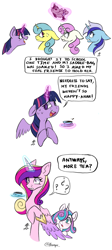 Size: 1477x3283 | Tagged: safe, artist:aarops, derpibooru import, lemon hearts, minuette, princess cadance, princess flurry heart, shining armor, smarty pants, twilight sparkle, twilight sparkle (alicorn), twinkleshine, alicorn, pony, unicorn, comic, confused, copypasta, dialogue, ears, floppy ears, food, simple background, smiling, spread wings, sweat, tea, wat, white background, wide eyes, wings