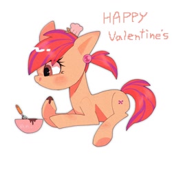 Size: 1280x1280 | Tagged: safe, artist:destroyer_aky, derpibooru import, oc, oc only, earth pony, pony, bowl, chef's hat, chocolate, earth pony oc, female, food, happy valentines day, hat, looking at something, mare, simple background, solo, tongue, tongue out, white background