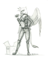 Size: 1000x1288 | Tagged: safe, artist:baron engel, derpibooru import, gilda, anthro, griffon, unguligrade anthro, abs, box, breasts, clothes, collar, gil-zongas, grayscale, implied rarity, jacket, leather jacket, midriff, monochrome, pencil drawing, signature, solo, story in the source, story included, traditional art