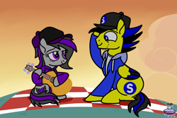 Size: 1093x731 | Tagged: safe, artist:c1trine, artist:mrstheartist, oc, oc only, oc:ponyseb 2.0, oc:viola love, friendship is magic, base used, black outline, cap, clothes, cutie mark, duo, evening, eye contact, guitar, hasbro, hat, headwear, hoodie, looking at each other, married couple, musical instrument, my little pony, oc x oc, outdoors, shipping, sitting, tablecloth, topwear, unzipped