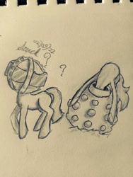 Size: 1920x2560 | Tagged: safe, artist:oldlunarlight, derpibooru import, oc, earth pony, pony, diving helmet, helmet, helmets, monochrome, oversized hat, question mark, sketch, stuck, traditional art, unnamed oc