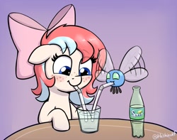 Size: 1881x1482 | Tagged: safe, artist:heretichesh, derpibooru import, oc, oc only, oc:fizzie, earth pony, parasprite, pony, blushing, bow, drink, drinking, drinking straw, female, filly, foal, freckles, hair bow, soda, solo