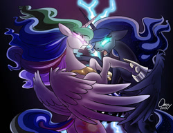 Size: 1000x770 | Tagged: safe, artist:omny87, derpibooru import, princess celestia, princess luna, alicorn, pony, angry, blue mane, duel, ethereal mane, ethereal tail, female, fight, glowing, glowing eyes, hoof shoes, hooves, horn, jewelry, lightning, night, open mouth, peytral, rearing, regalia, royal sisters, siblings, signature, sisters, spread wings, tail, teeth, wings
