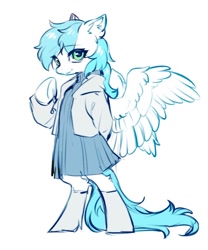 Size: 1000x1200 | Tagged: safe, artist:swaybat, derpibooru import, oc, oc only, pegasus, semi-anthro, bipedal, clothes, dress, ear fluff, ears, female, hoodie, looking at you, mare, simple background, smiling, smiling at you, solo, white background