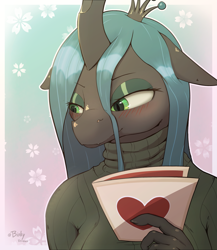 Size: 2435x2800 | Tagged: safe, artist:biskydraws, derpibooru import, queen chrysalis, anthro, changeling, changeling queen, blushing, clothes, female, green eyes, holiday, sweater, turtleneck, valentine's day