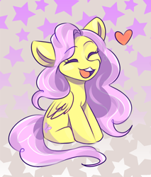 Size: 1088x1280 | Tagged: safe, artist:domorri, derpibooru import, fluttershy, pegasus, pony, :3, cute, eyes closed, female, heart, mare, open mouth, shyabetes, sitting, solo, stars
