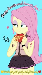 Size: 1080x1930 | Tagged: safe, artist:flutteryaylove, derpibooru import, fluttershy, equestria girls, blue background, clothes, drawing, heart, hearts and hooves day, miniskirt, simple background, skirt, smiling, text
