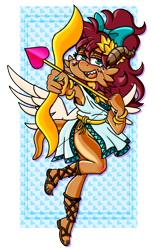 Size: 1280x2081 | Tagged: safe, artist:outofworkderpy, derpibooru import, oc, oc:kira, angel, dragon, arrow, blushing, blushing profusely, bow, breasts, clothes, cupid, cute, dragoness, feet, female, greek, hair bow, heart, holiday, kobold, roman, sandals, sideboob, solo, toga