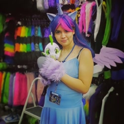 Size: 1080x1074 | Tagged: safe, artist:twilighttempest66, derpibooru import, spike, twilight sparkle, human, bare shoulders, clothes, cosplay, costume, irl, irl human, otakon, otakon 2014, photo, plushie, sleeveless