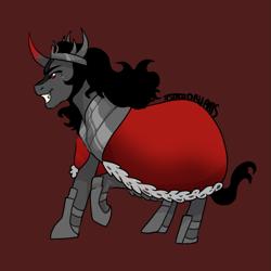 Size: 1081x1080 | Tagged: safe, artist:astrodrveams, derpibooru import, king sombra, cape, clothes, commission, commissioner:reversalmushroom, crown, curved horn, grin, horn, jewelry, red eyes, regalia, smiling