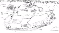 Size: 1925x1087 | Tagged: safe, artist:cavity, derpibooru import, pony, equestria at war mod, monochrome, tank (vehicle), war