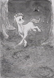 Size: 624x900 | Tagged: safe, artist:adeptus-monitus, derpibooru import, oc, earth pony, pony, bear trap, grayscale, monochrome, solo, this will end in pain