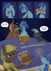 Size: 2904x4000 | Tagged: safe, artist:palibrik, derpibooru import, compass star, evening star, party favor, thunderlane, oc, earth pony, pegasus, pony, unicorn, comic:securing a sentinel, alcohol, beer mug, carousel boutique, comic, commissioner:bigonionbean, confusion, dialogue, drinking, drunk, hat, high res, horn, in his head, magic, male, mug, offscreen character, ponyville, salivating, simple background, sitting, stallion, table, tail, wings, writer:bigonionbean