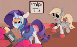 Size: 1500x927 | Tagged: safe, anonymous artist, derpibooru import, derpy hooves, pinkie pie, rarity, pegasus, pony, unicorn, /mlp/ tf2 general, crossover, imminent death, medic, pyro, spy, team fortress 2