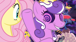 Size: 3840x2160 | Tagged: safe, artist:rubyg242, derpibooru import, fluttershy, screwball, pony, swirly eyes, the discord zone