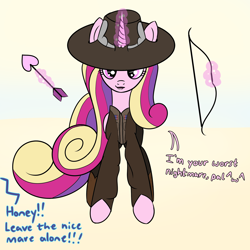 Size: 2000x2000 | Tagged: safe, artist:dafiltafish, derpibooru import, princess cadance, alicorn, pony, arrow, bow, cad bane, clothes, dialogue, hat, holiday, implied shining armor, looking at you, magic, magic aura, solo, star wars, star wars: the book of boba fett, star wars:the book of boba fett, telekinesis, valentine's day