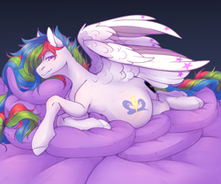 Size: 1200x1000 | Tagged: safe, artist:dereketto, derpibooru import, oc, oc:unya, pegasus, pony, male, male pregnancy, paternity mark, pillow, pregnant, solo