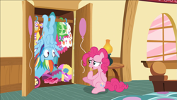 Size: 1919x1079 | Tagged: safe, derpibooru import, screencap, gummy, pinkie pie, rainbow dash, earth pony, pegasus, pony, 28 pranks later, closet, clothes, cute, dashabetes, duo, duo female, female, hanging, hanging upside down, laughing, party cannon, smiling, sugarcube corner, upside down