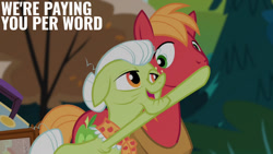 Size: 1280x720 | Tagged: safe, derpibooru import, edit, edited screencap, editor:quoterific, screencap, big macintosh, granny smith, earth pony, pony, pinkie apple pie, season 4, duo, female, male, mare, open mouth, open smile, smiling, stallion