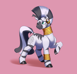 Size: 2694x2590 | Tagged: safe, artist:aquaticvibes, derpibooru import, zecora, zebra, female, looking back, looking to side, looking to the left, mare, pink background, raised hoof, raised leg, simple background, smiling, solo