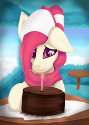 Size: 3307x4677 | Tagged: safe, artist:syntriax, derpibooru import, oc, oc only, oc:candy rain, pegasus, pony, birthday, cake, clothes, female, flying, food, high res, mare, multicolored mane, multicolored tail, scarf, sky, solo, tail