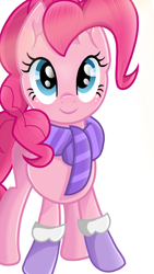 Size: 1080x1920 | Tagged: safe, artist:sallyso, derpibooru import, pinkie pie, earth pony, pony, clothes, eyelashes, female, gloves, mare, scarf, simple background, smiling, solo, white background