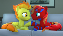 Size: 1920x1080 | Tagged: safe, artist:midnightdanny, derpibooru import, spitfire, oc, oc:light fire, pegasus, pony, 3d, couple, looking at each other, looking at someone, source filmmaker