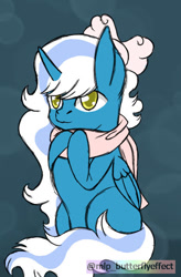 Size: 421x640 | Tagged: safe, artist:rosegoldyt, derpibooru import, oc, oc:fleurbelle, alicorn, alicorn oc, bow, chibi, clothes, female, golden eyes, hair bow, horn, mare, scarf, wingding eyes, wings