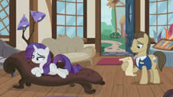 Size: 1920x1080 | Tagged: safe, derpibooru import, screencap, davenport, rarity, earth pony, pony, unicorn, it isn't the mane thing about you, season 7, female, hoof hold, hooves, horn, indoors, lidded eyes, lying down, male, mare, on side, raised eyebrow, shadow, smiling, stallion, standing