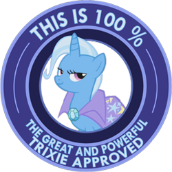 Size: 269x269 | Tagged: safe, artist:ambris, derpibooru import, trixie, pony, unicorn, cape, clothes, female, horn, lidded eyes, mare, seal of approval, simple background, smiling, solo, transparent background, trixie's cape