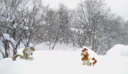 Size: 2048x1194 | Tagged: safe, derpibooru import, photographer:pakapaka1993, autumn blaze, kirin, pony, duo, irl, japan, photo, plushie, snow, snowfall, winter