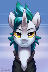 Size: 2000x3000 | Tagged: safe, artist:jedayskayvoker, derpibooru import, oc, oc:cyreni, cyborg, pony, unicorn, bust, clothes, cyber eyes, horn, icon, looking at you, male, patreon, patreon reward, portrait, solo, stallion, unicorn oc