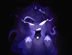 Size: 2894x2206 | Tagged: safe, artist:magnaluna, derpibooru import, princess luna, alicorn, pony, angry, female, glowing eyes, gritted teeth, jewelry, looking at you, mare, necklace, scowl, simple background, snarl, solo, tiara