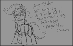 Size: 760x478 | Tagged: safe, artist:brainiac, derpibooru import, oc, oc:blackjack, unicorn, fallout equestria, fallout equestria: project horizons, brainiacs sketchbook (set), fanfic art, female, mare, sketch, solo, text