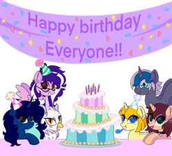 Size: 2642x2404 | Tagged: safe, artist:kb-gamerartist, derpibooru import, oc, oc only, oc:chloe adore, oc:elizabat stormfeather, oc:gerbera, oc:midnight, oc:rain sunburst, oc:tippy toes, alicorn, bat pony, bat pony alicorn, hippogriff, pegasus, pony, unicorn, alicorn oc, banner, bat pony oc, bat wings, birthday cake, cake, candle, choker, clothes, cute, ear piercing, earring, eyeshadow, fangs, female, flying, food, grin, hat, hippogriff oc, horn, jewelry, lipstick, makeup, mare, multicolored hair, party hat, party horn, piercing, plate, scarf, simple background, smiling, sunglasses, transparent background, wings