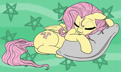 Size: 1280x768 | Tagged: safe, artist:imlpidimon, derpibooru import, fluttershy, pegasus, pony, abstract background, cute, ears, eyes closed, female, floppy ears, folded wings, lying down, mare, nap, on side, pillow, shyabetes, sleeping, solo, stray strand, wings