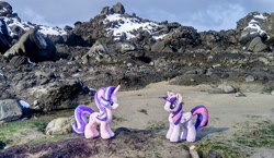 Size: 2048x1184 | Tagged: safe, derpibooru import, photographer:pakapaka1993, starlight glimmer, twilight sparkle, twilight sparkle (alicorn), alicorn, pony, unicorn, duo, irl, japan, photo, plushie, rock, sand, snow