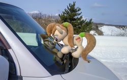 Size: 2048x1290 | Tagged: safe, derpibooru import, photographer:pakapaka1993, pony, car, irl, japan, photo, plushie, reflection, snow, solo, tree, winter